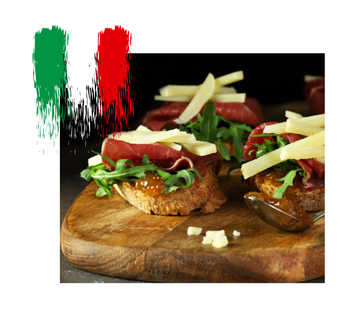 Présentation d'une assiette avec des bruschetta parmesan et jambon cru au restaurant 14 cors à Crans montana - Bluche